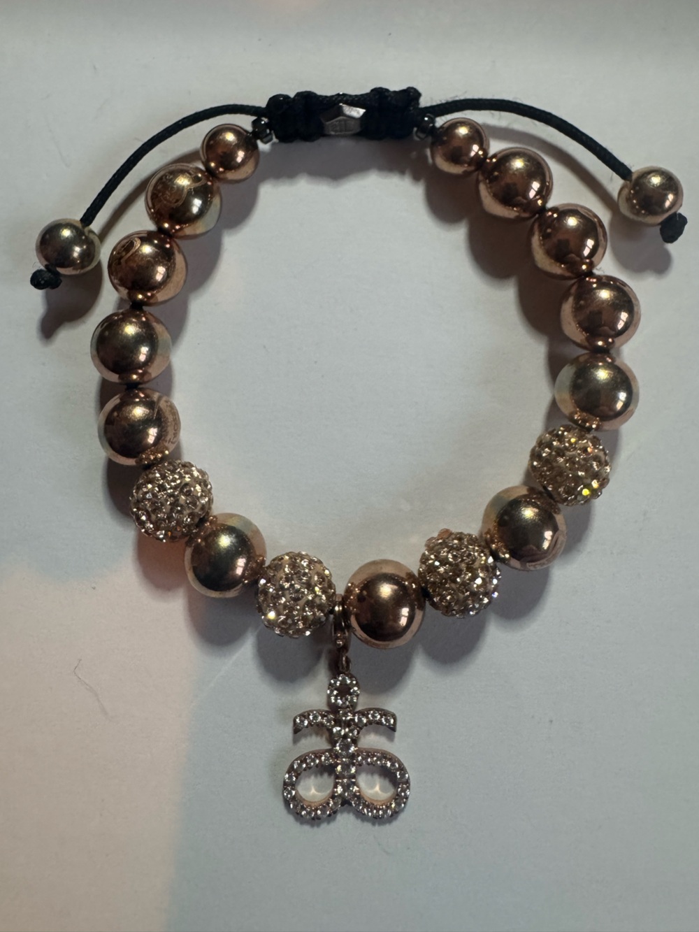 Trésor Paris Rose Gold Shamballa Cord Bracelet Rhinestone Fleur De Lis Key Charm